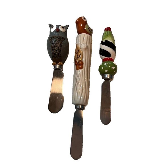 3 Appetizer Spreaders Green Owl Bird on Log Fitz & Floyd Whimsical Cheese Knives - Picture 1 of 7